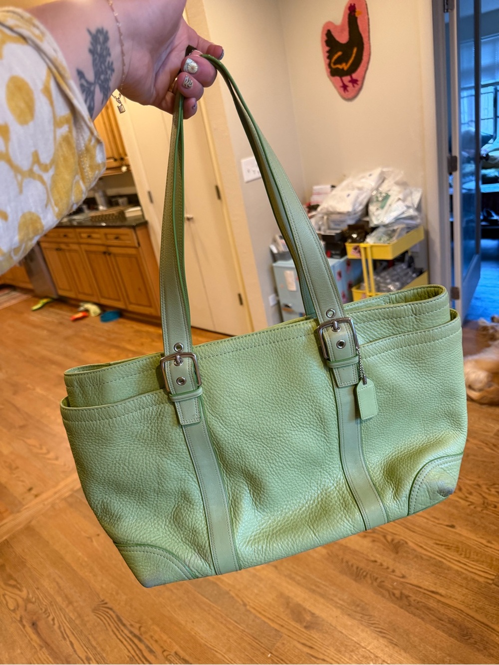 Coach Green Pebbled Leather Tote with Buckle Straps